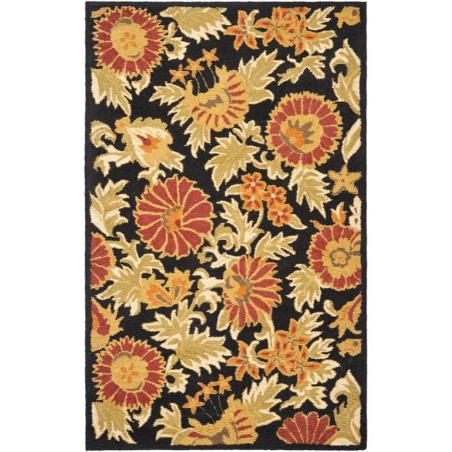 Handmade Blossom Flowers Black Wool Rug (4 X 6)