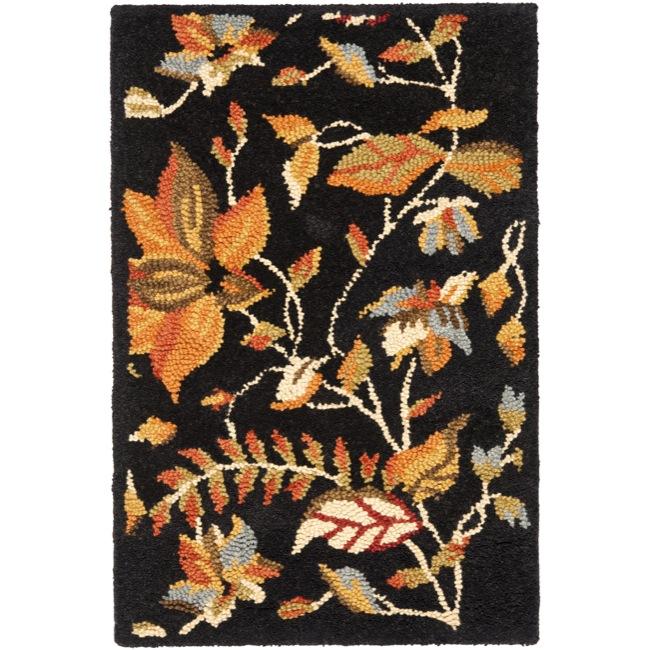 Handmade Blossom Botanical Black Wool Rug (2 X 3)