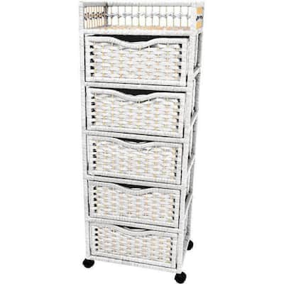 Handmade Wood and Natural Fiber Wheeled 5-drawer Chest (China)