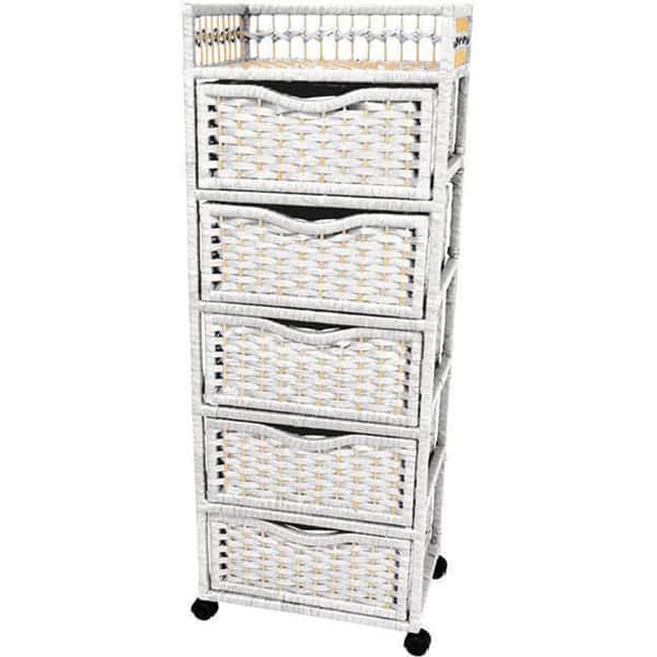 Handmade Wood and Natural Fiber Wheeled 5-drawer Chest (China)