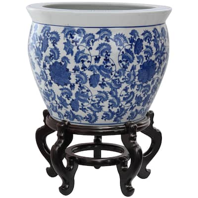 Handmade Porcelain 14-inch Blue and White Floral Fishbowl (China) - 19 x 19 x 16
