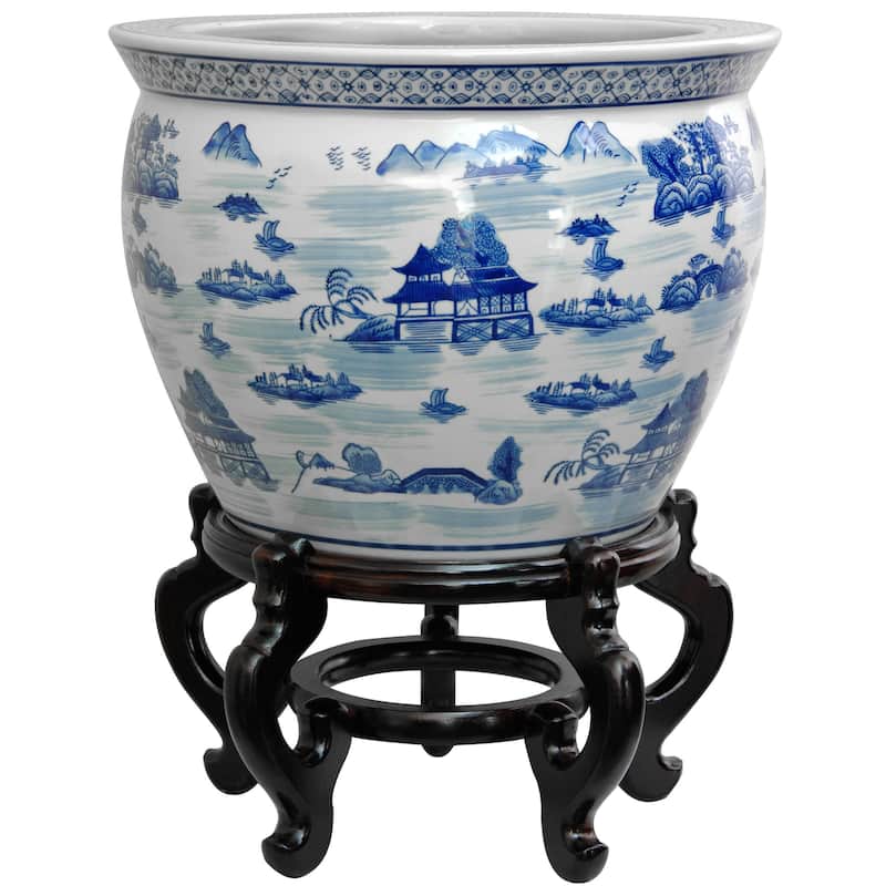 Handmade Porcelain 14-inch Blue and White Landscape Fishbowl (China) - 14"W x 14"D x 10.75"H