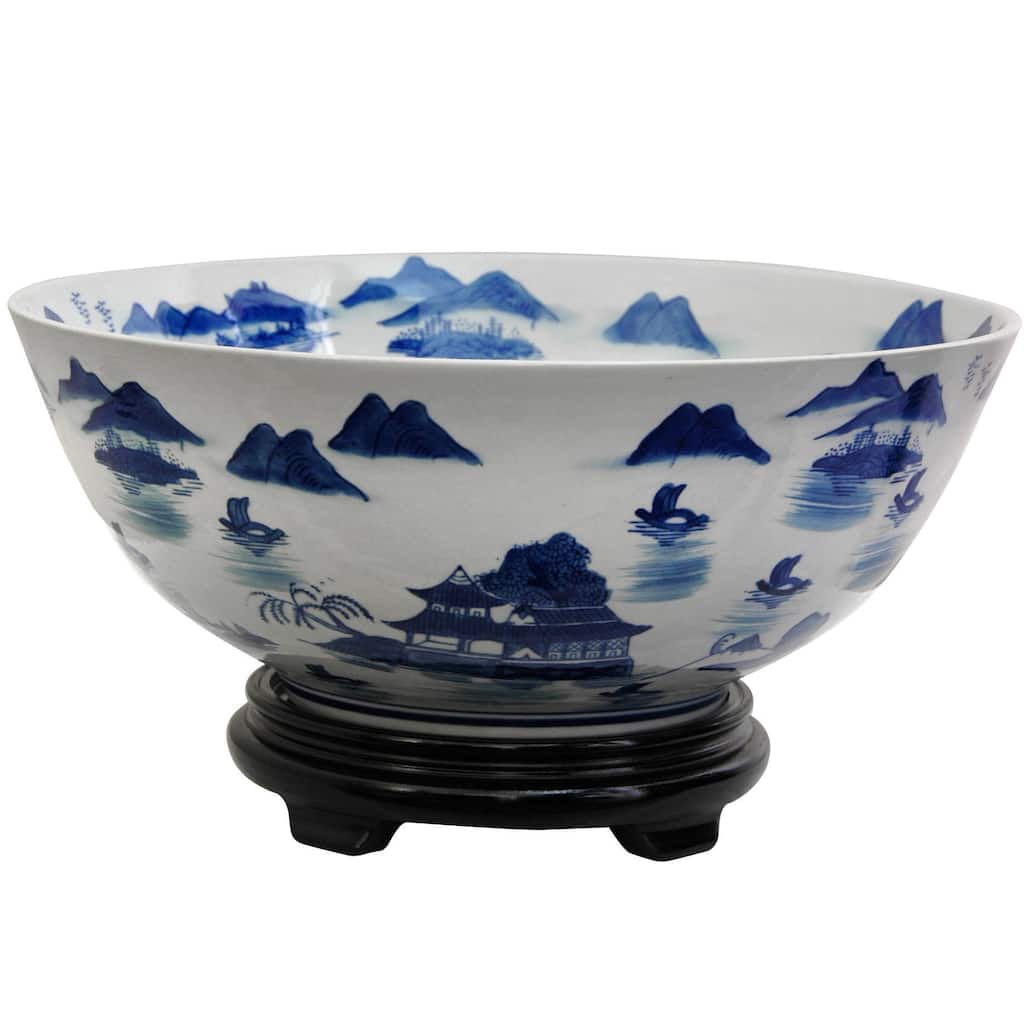 Handmade Porcelain 14-inch Blue and White Landscape Bowl (China)