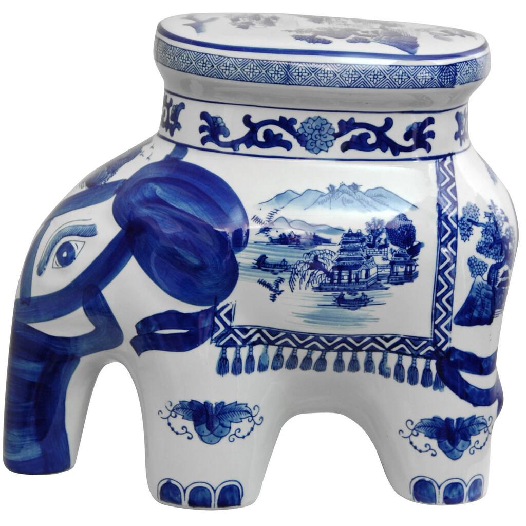 Handmade Porcelain 14-inch Blue and White Elephant Landscape Stool (China)