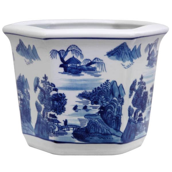 Handmade Porcelain Blue And White Landscape Flower Pot Planter China Handmade Porcelain Blue And White Landscape Flower Pot Planter China