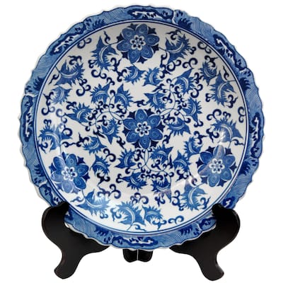 Handmade 14" Blue and White Floral Porcelain Plate - 2"H x 14" Diameter