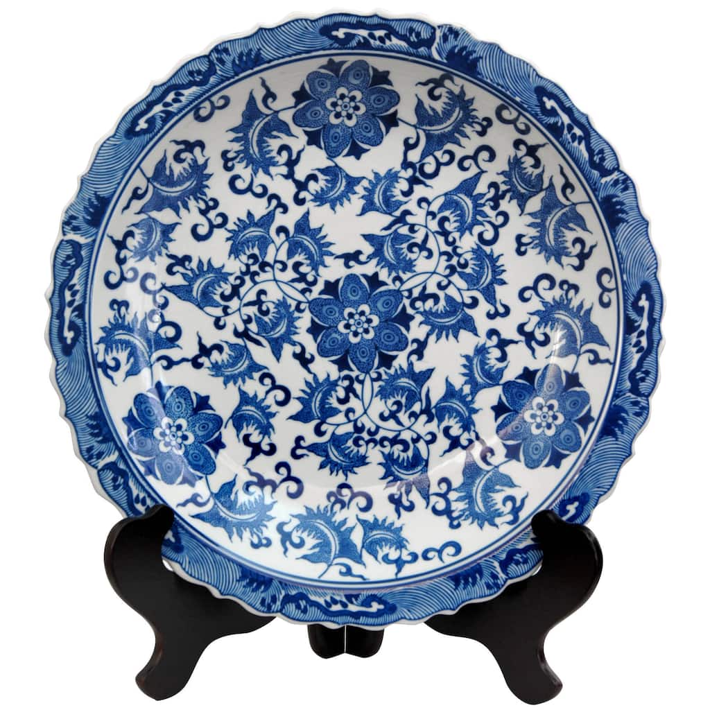 Handmade 14" Blue and White Floral Porcelain Plate - 2"H x 14" Diameter