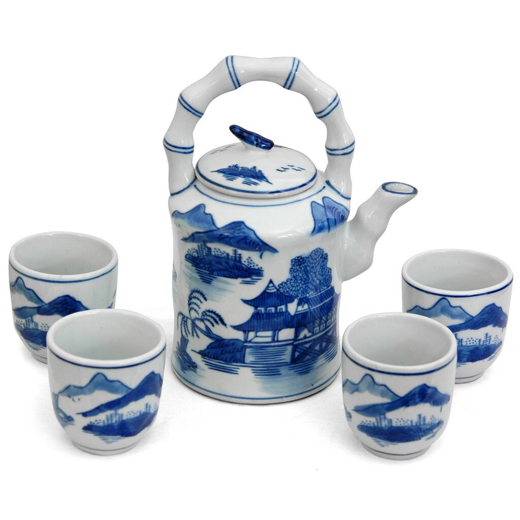 Handmade Porcelain Blue and White Landscape Tea Set (China)