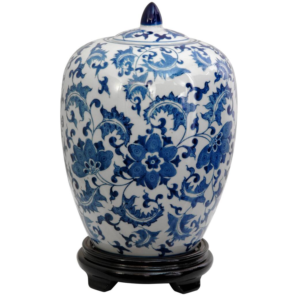 Handmade 12" Porcelain Blue and White Floral Vase Jar