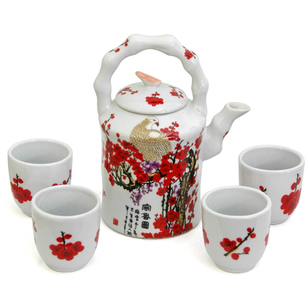 Handmade Porcelain Red and White Cherry Blossom Tea Set (China)