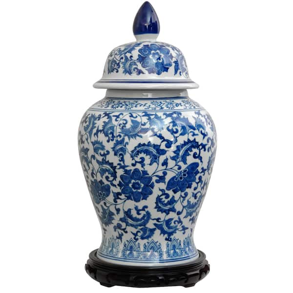 slide 2 of 6, Handmade 18" Blue and White Floral Porcelain Temple Jar - 10"W x 10"D x 18.75"H