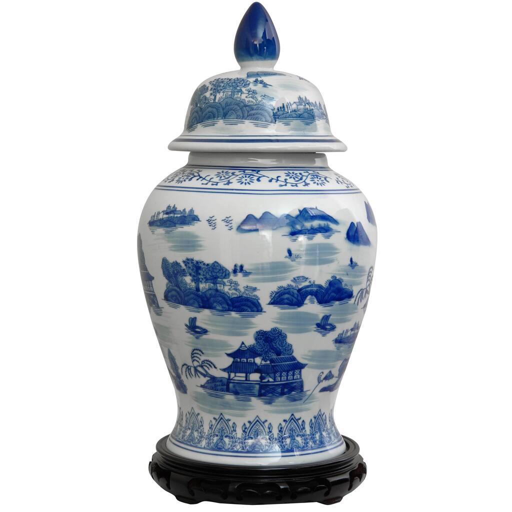 Porcelain 18-inch Blue and White Landscape Temple Jar (China)