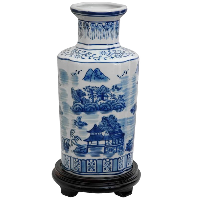 Handmade 12" Porcelain Blue and White Landscape Vase