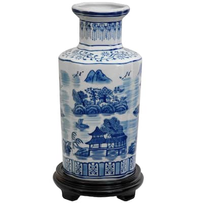 Handmade 12" Porcelain Blue and White Landscape Vase