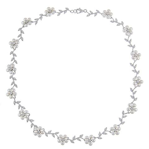 La Preciosa Sterling Silver FW Pearl and CZ Flower Necklace (3 mm)