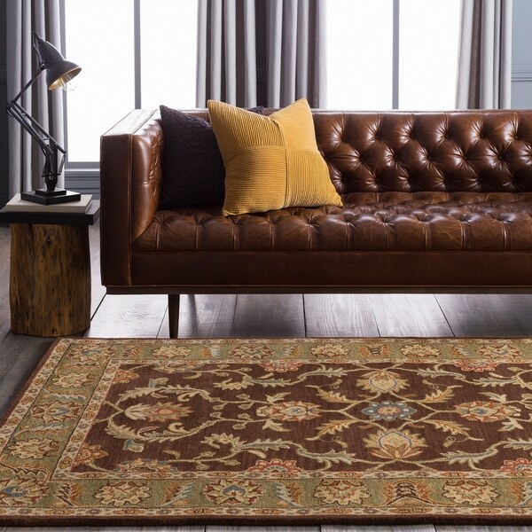 Hand-tufted Traditional Coliseum Chocolate Floral Border Wool Area Rug - 6' x 9'