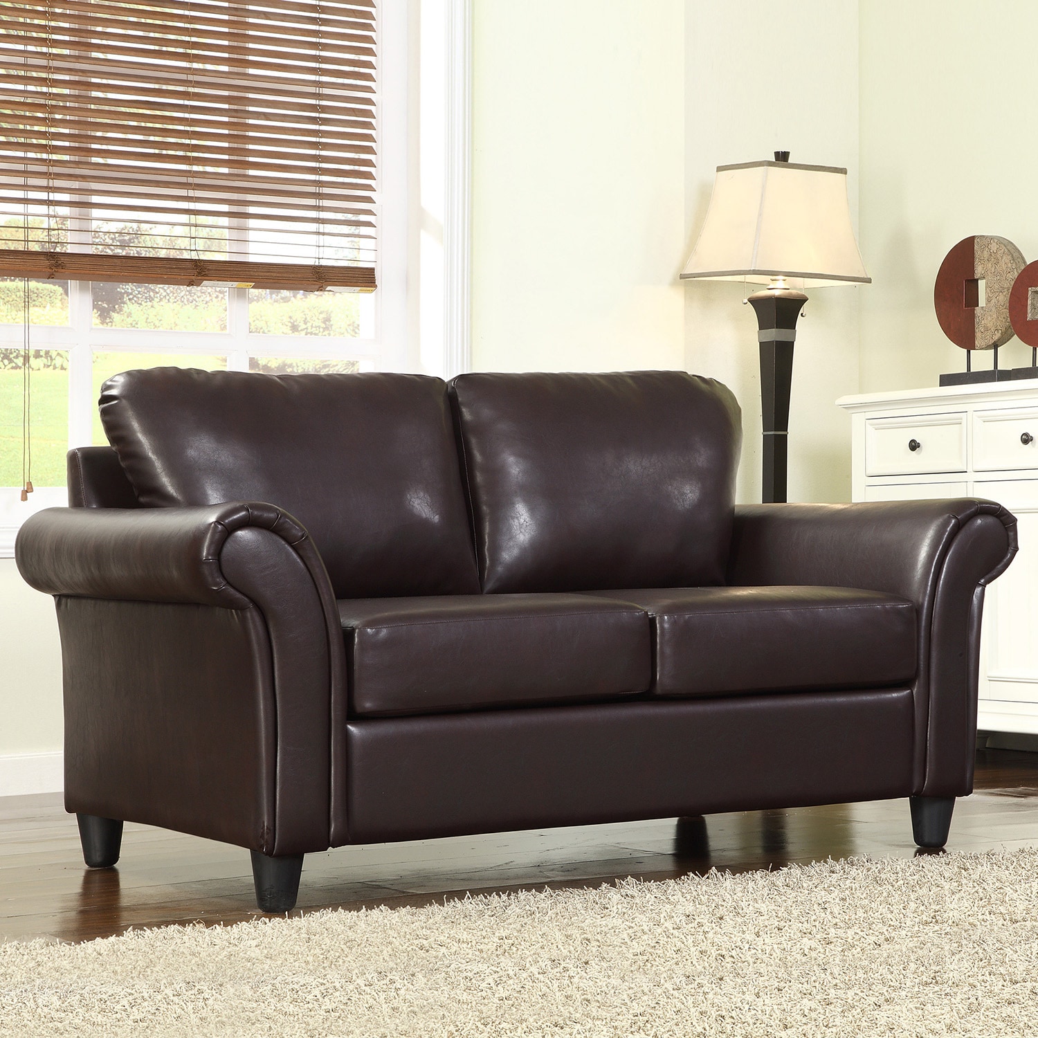 Tribecca Home Petrie Dark Brown Faux Leather Rolled Arm Loveseat