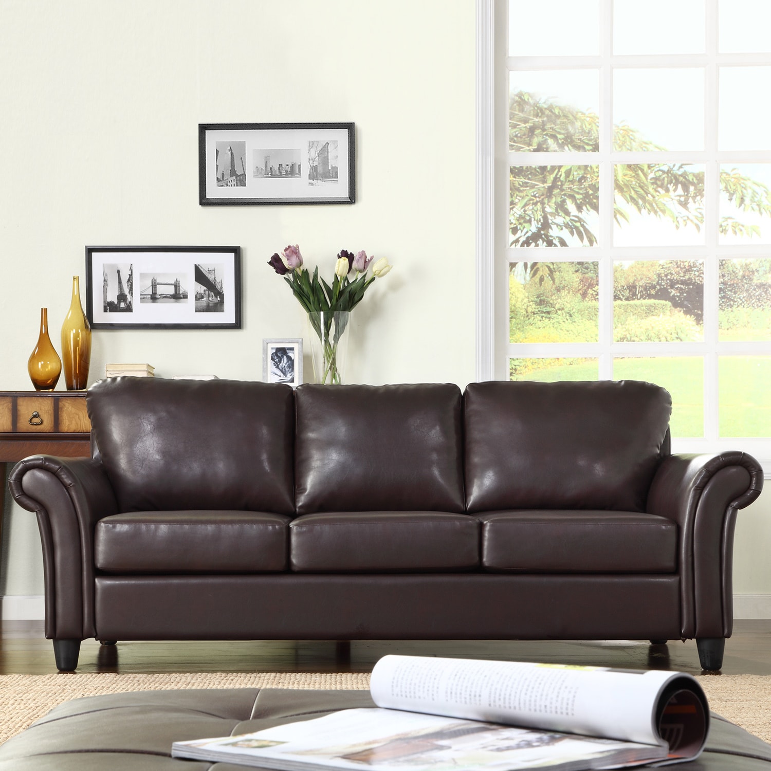 Tribecca Home Petrie Dark Brown Faux Leather Rolled Arm Sofa (Asian wood Finish BlackUpholstery materials Faux leatherUpholstery color Dark brownIndoor/outdoor Indoor Dimension 35 inches high x 85.75 inches width x 32.75 inches depth Assembly require