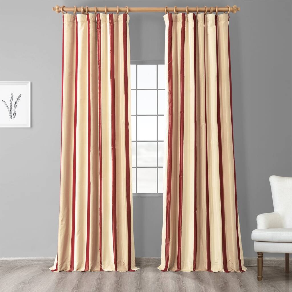 Exclusive Fabrics Cream / Burgandy Stripe Faux Silk Curtain (1 Panel)