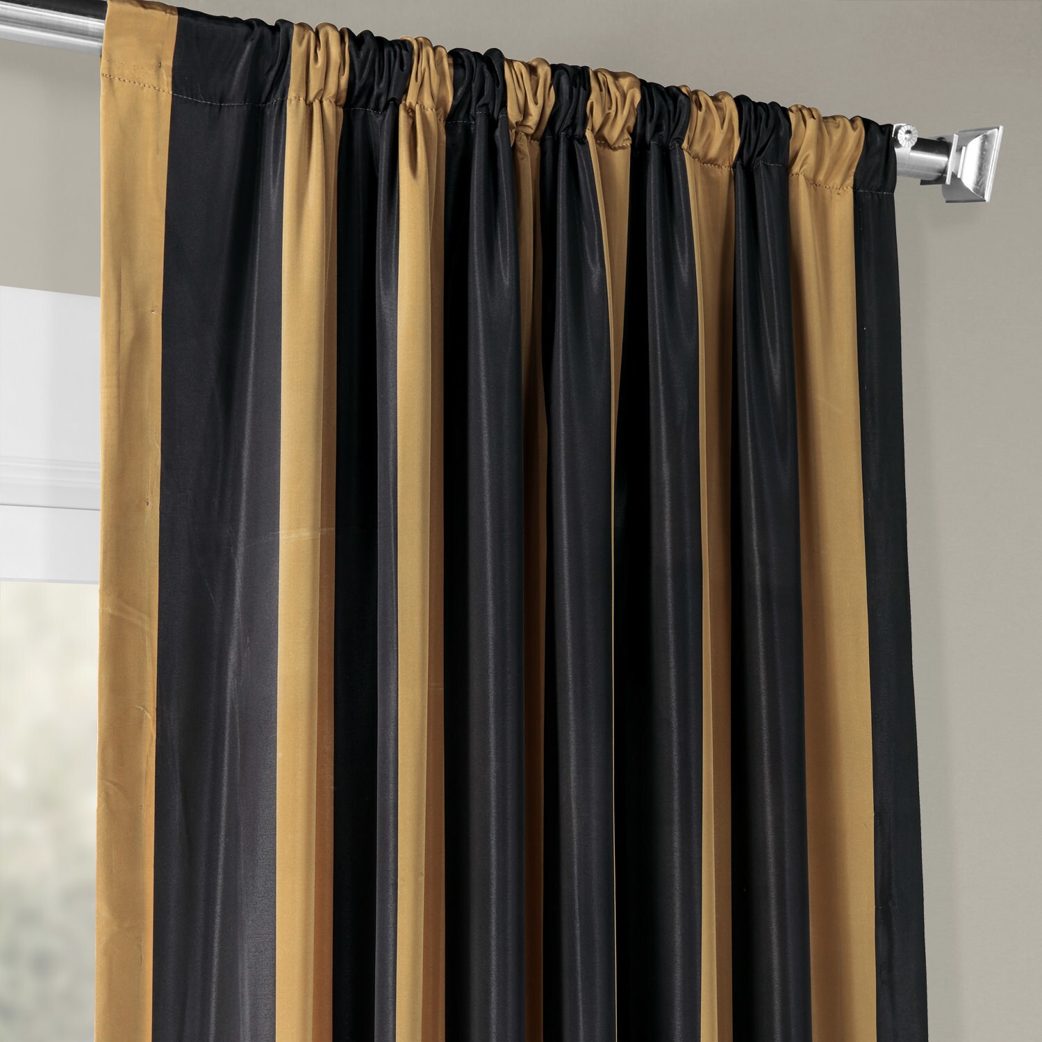 Shop Exclusive Fabrics Black Gold Stripe Faux Silk Taffeta