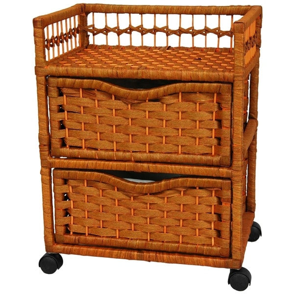 Oriental Furniture Good Excellent Quality Affordable Nightstand End Tables 16-Inch 2 Drawer Natural Fiber Rattan Style Storage Chest with Casters-Black