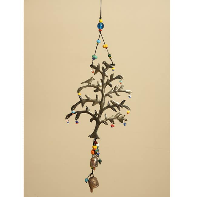 Handmade Iron and Glass Tree of Life Bell Hanging Art (India)