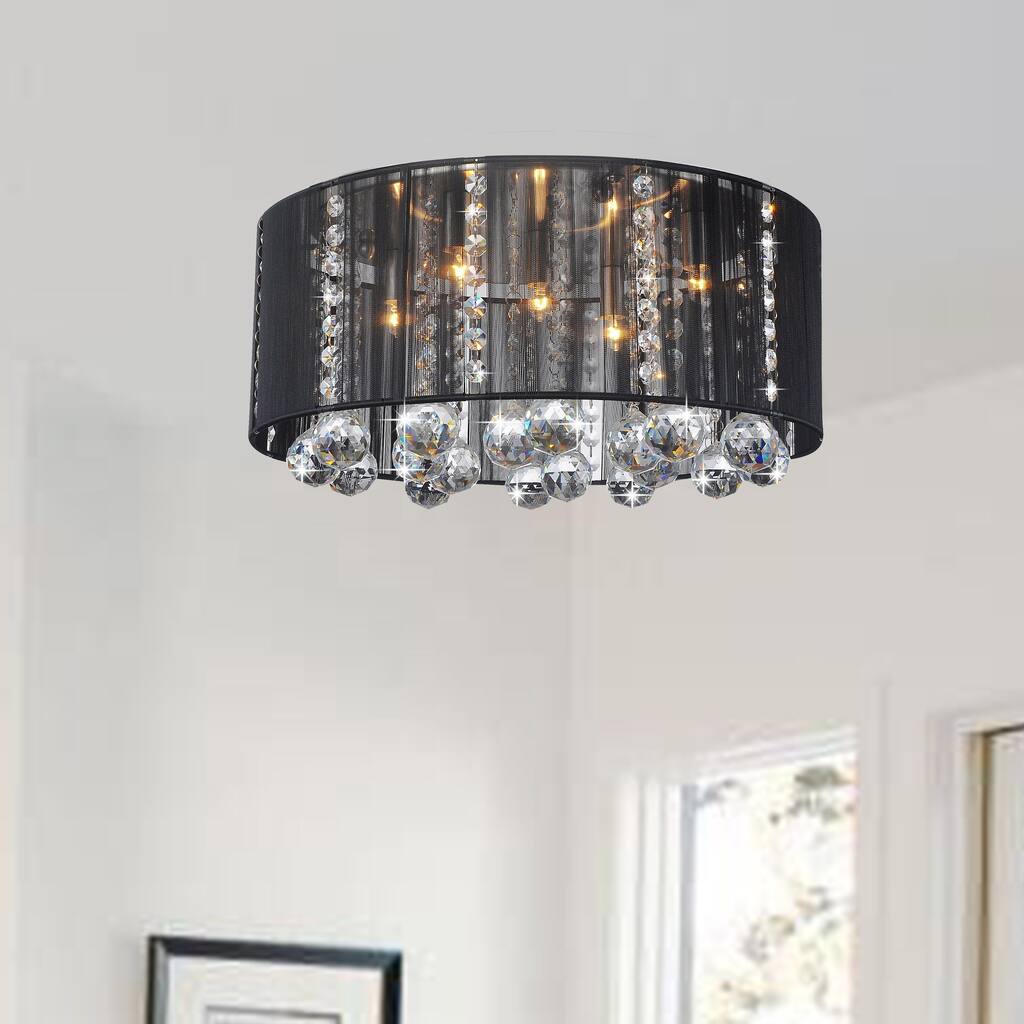Black Shade 5-light Satin Nickel and Clear Crystal Ceiling Lamp