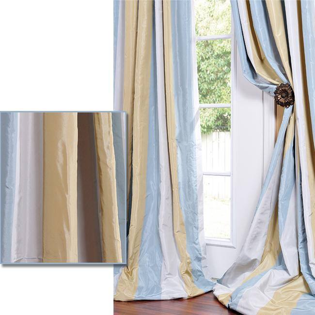 Exclusive Fabrics Striped Faux Silk Taffeta Blue/ Hemp Tone Curtain Panel