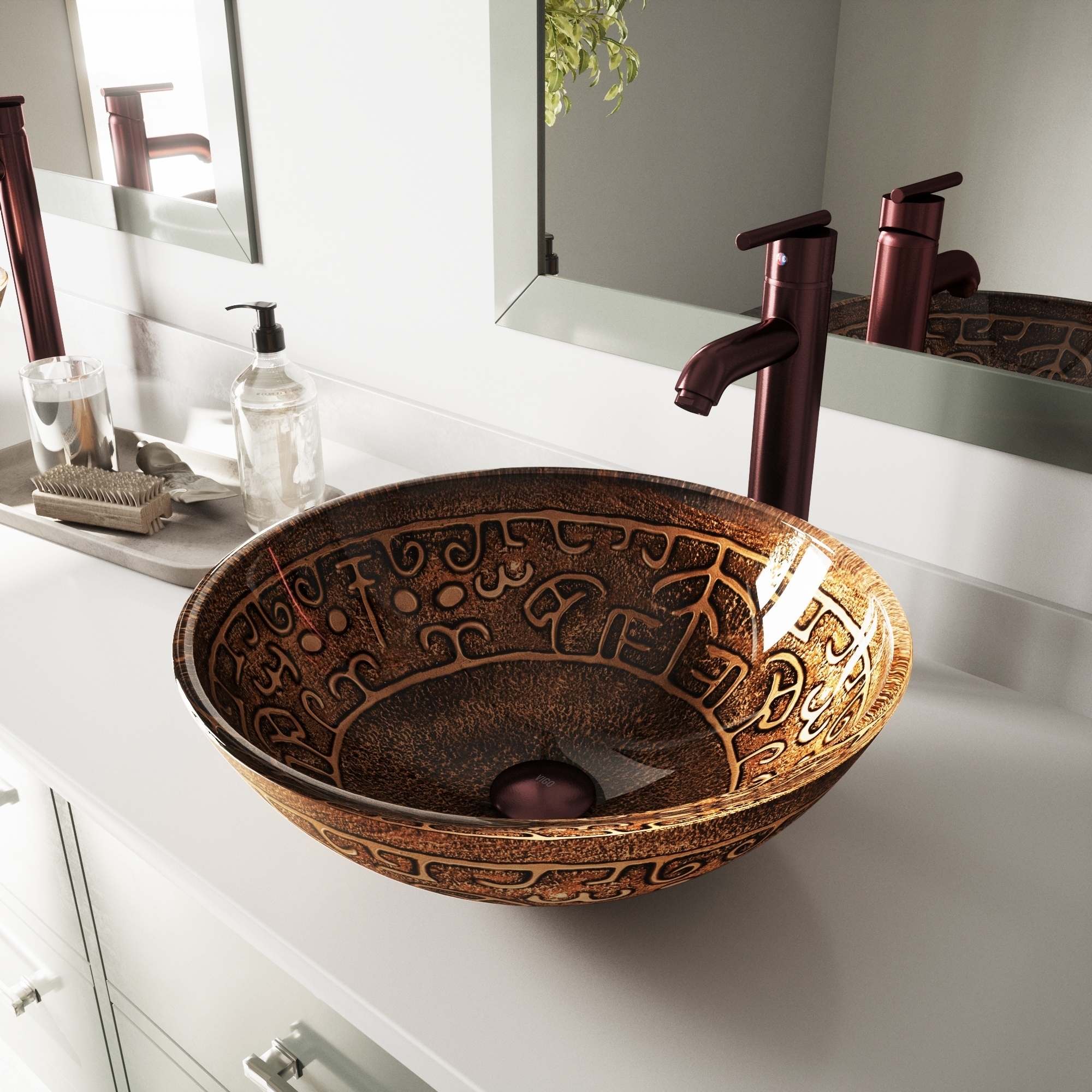 VIGO Golden 17"L x 17"W Glass Vessel Sink and Seville 13"H Faucet Set