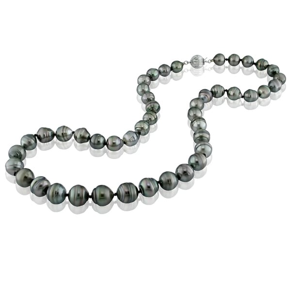 DaVonna 14k Gold Black Cultured Tahitian Pearl 18-inch Necklace (9-10 mm). Opens flyout.