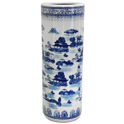 Handmade Porcelain 24-inch Blue and White Landscape Umbrella Stand (China)