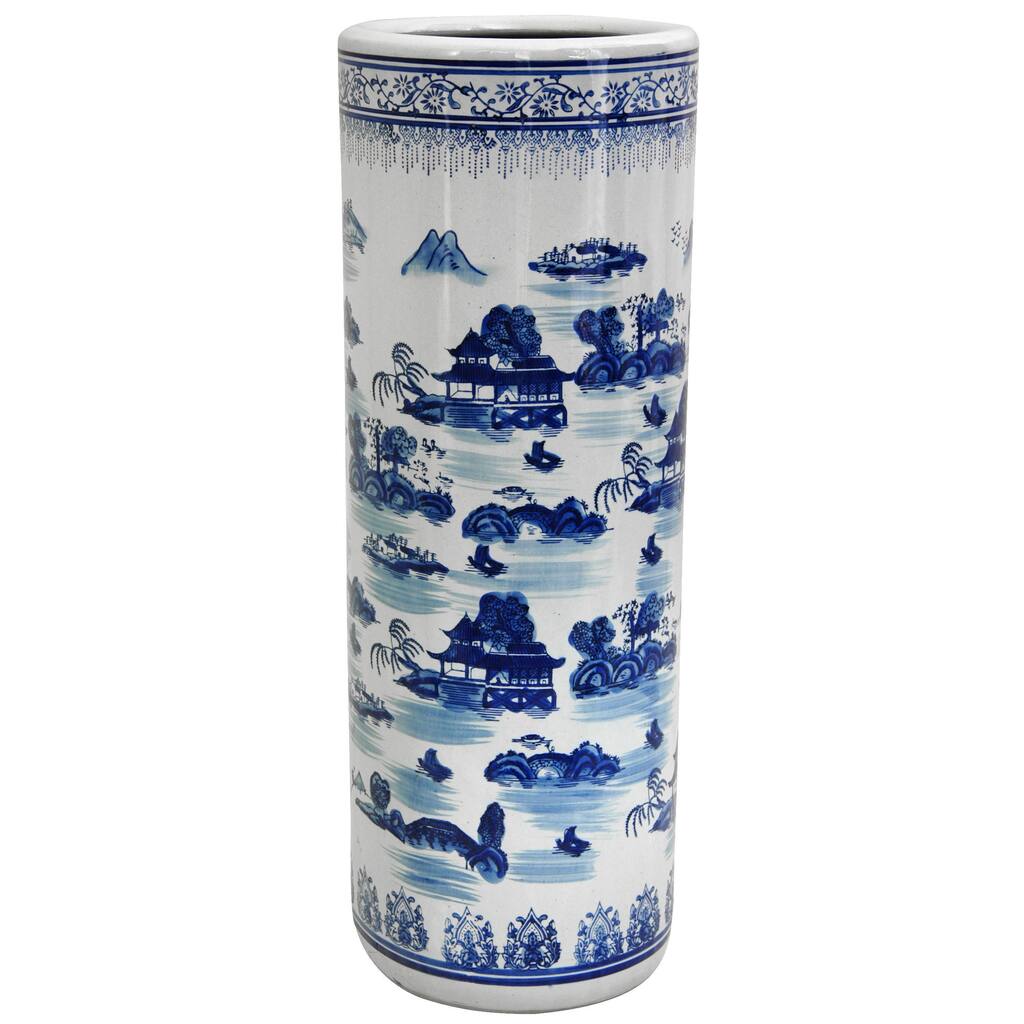 Handmade Porcelain 24-inch Blue and White Landscape Umbrella Stand (China)
