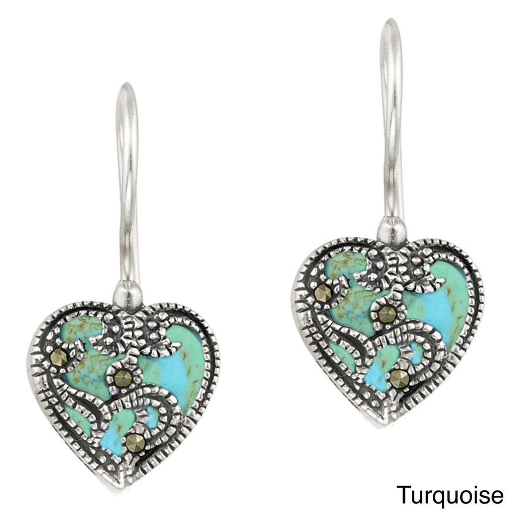 Glitzy Rocks Sterling Silver Marcasite and Gemstone Heart Earrings