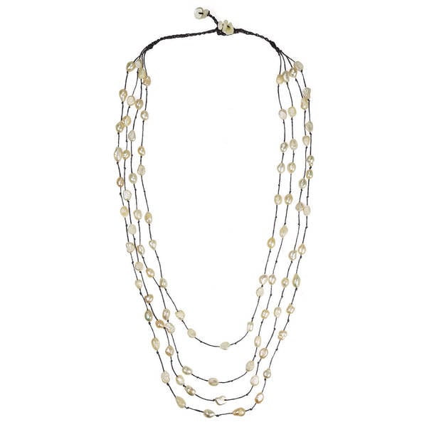 Handmade Cotton Rope Layered White FW Pearl/ MOP Necklace (8-10 mm) (Thailand)