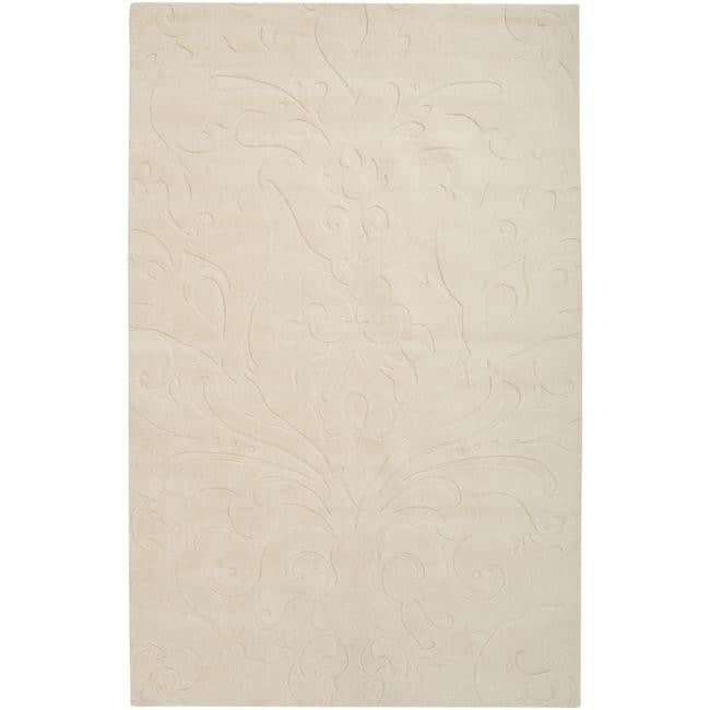 Loomed Ivory Damask Pattern Wool Area Rug - 9' x 13'