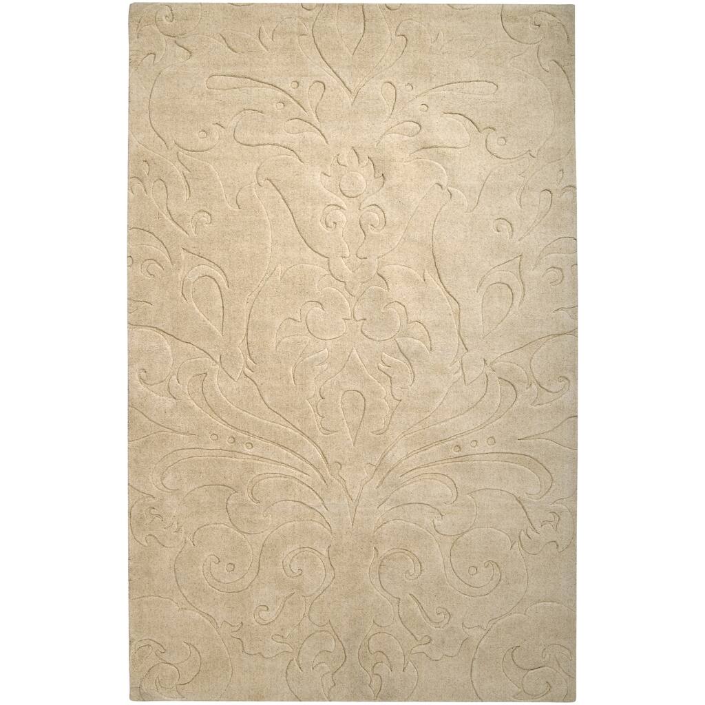Loomed Beige Damask Pattern Wool Area Rug - 5' x 8'