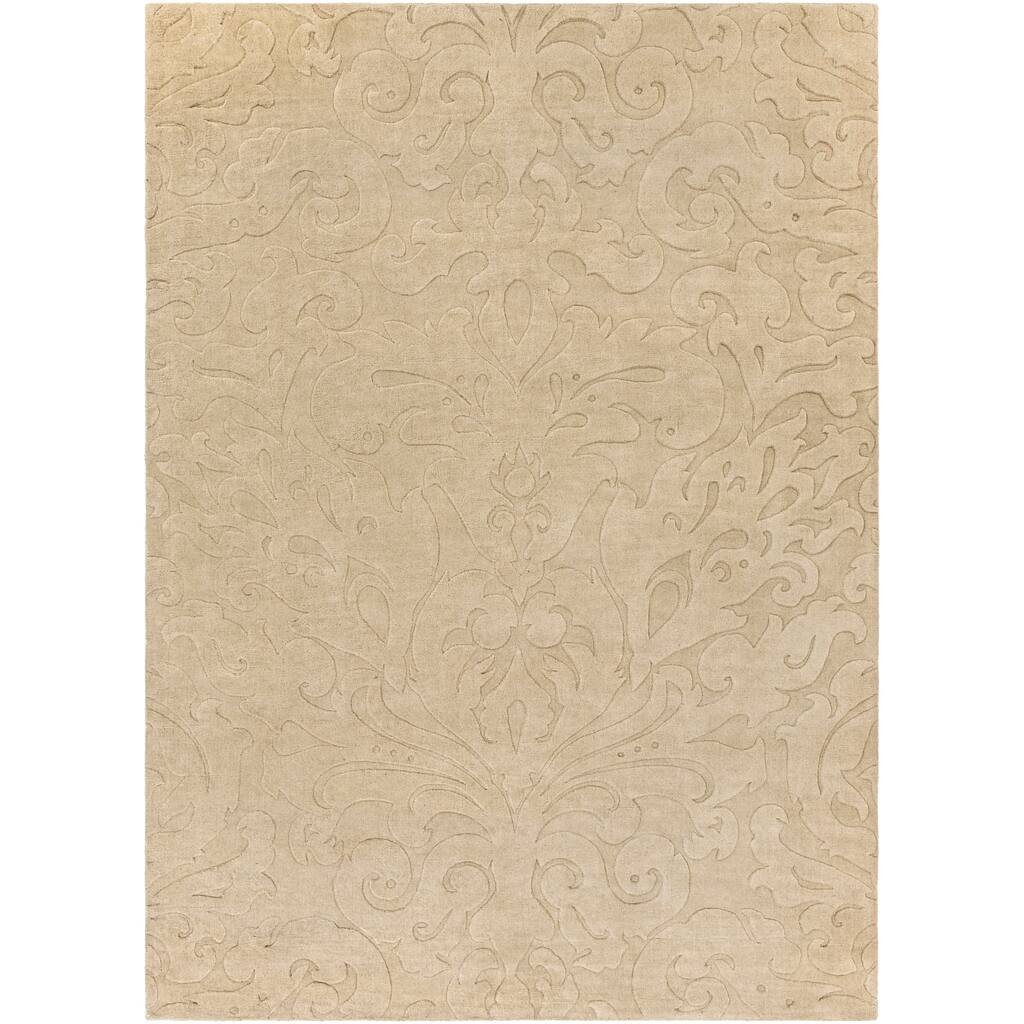Loomed Beige Damask Pattern Wool Area Rug - 8' x 11'