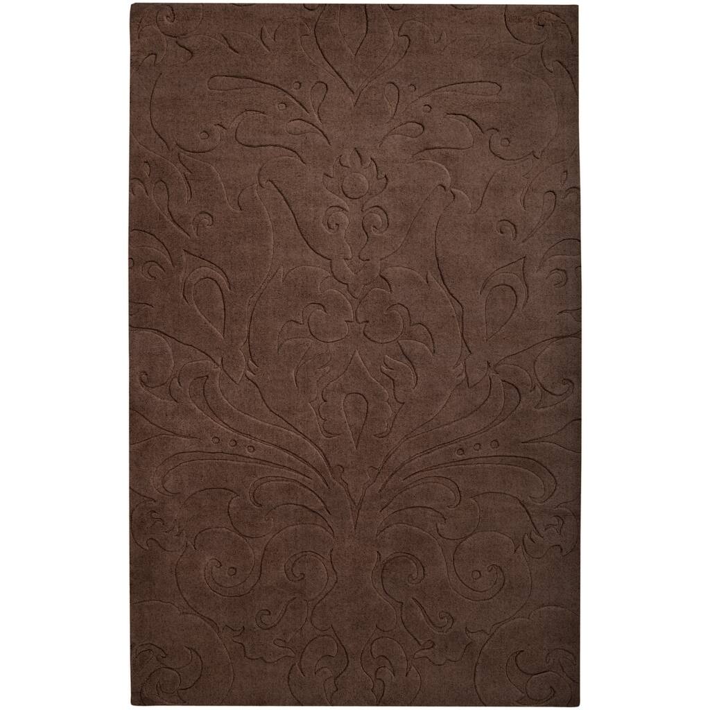Loomed Chocolate Damask Pattern Wool Area Rug - 9' x 13'