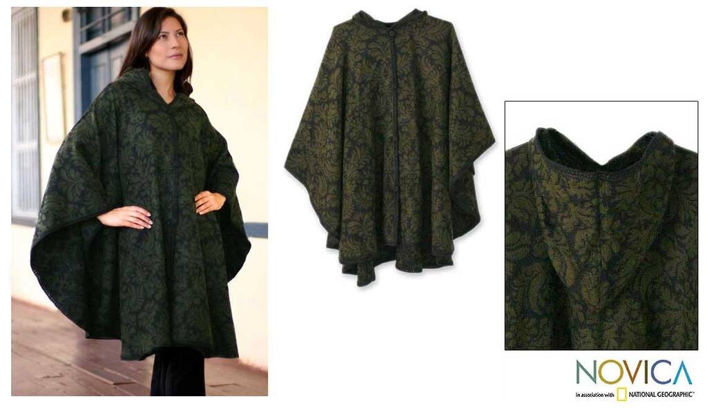 Handmade 'Alpaca Wool 'Lush Leaves' Ruana Cloak (Peru)