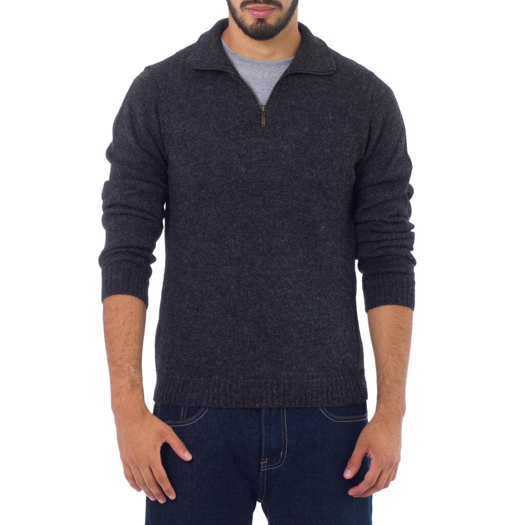 Handmade 100-percent Alpaca Wool Charcoal Casual Gray Collared Long Sleeve Quarter-zip Mens Pullover Sweater (Peru)
