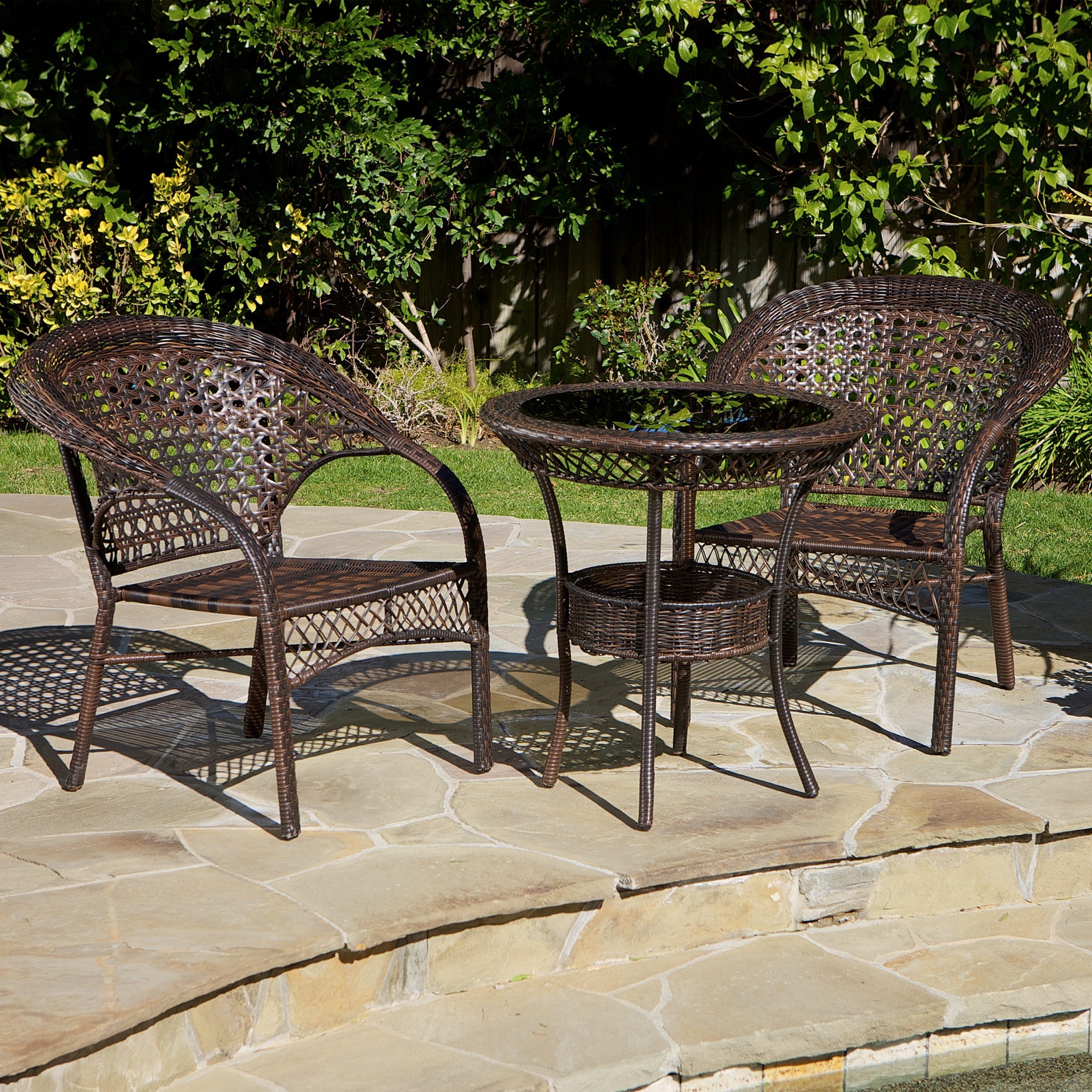 Christopher Knight Home Outdoor Wicker 3 piece Bistro Set (BrownMaterials PE wickerFinish BrownNo cushions includedWeather resistantUV protectionInset amber glass top for a smooth and elegant table topChair dimensions 31.16 inches high x 26.88 inches w