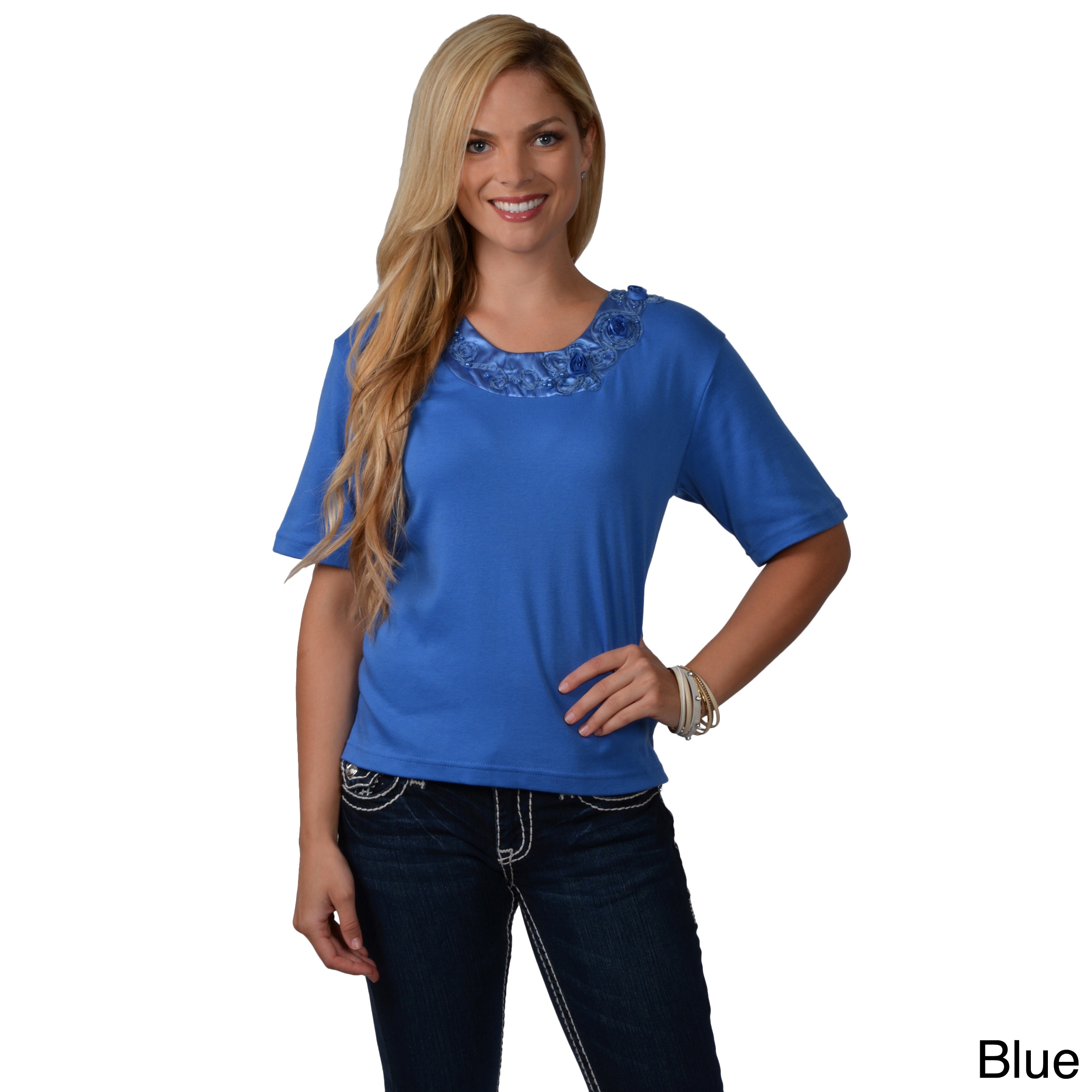 Adi Designs Womens Embellished Round Neckline Tee