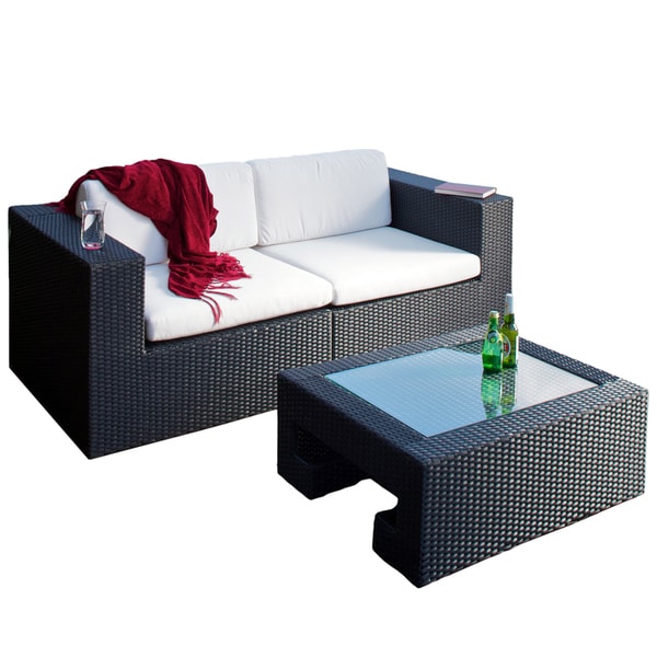 Madrid 3piece Outdoor Wicker Loveseat and Glass Top Table Set by