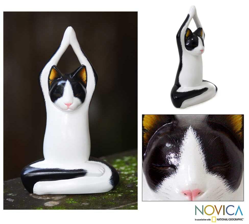 Wood Toward The Sky Yoga Tuxedo Cat Sculpture (Indonesia