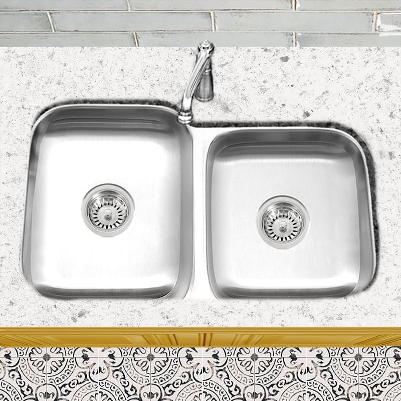 Stainless Steel Offset Double Bowl Kitchen Sink with Drains - Silver