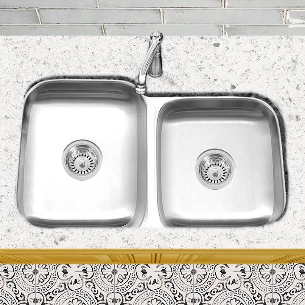 Stainless Steel Offset Double Bowl Kitchen Sink with Drains - Silver