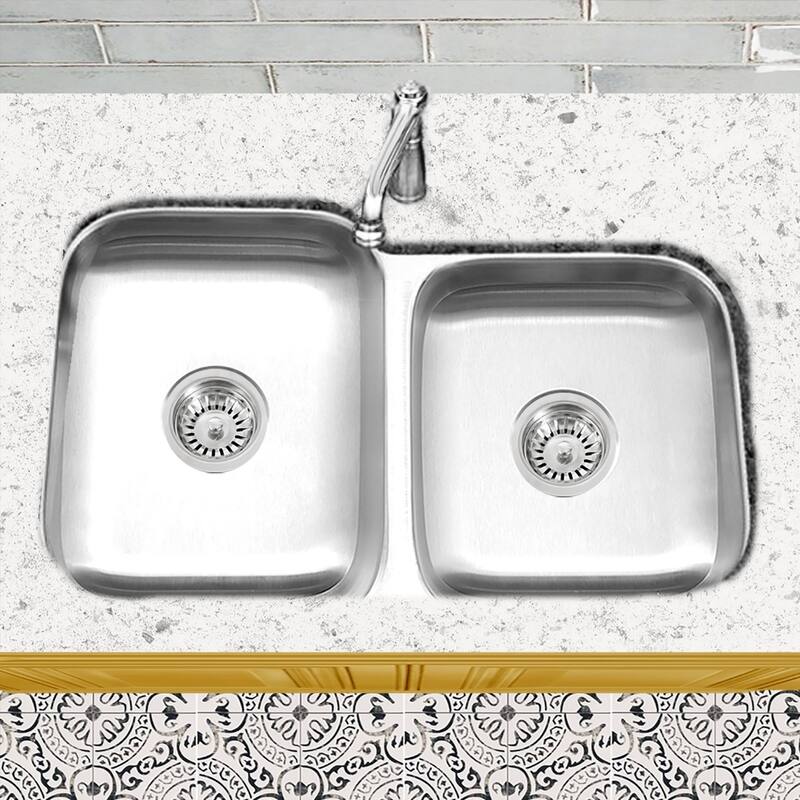 Stainless Steel Offset Double Bowl Kitchen Sink with Drains - Silver