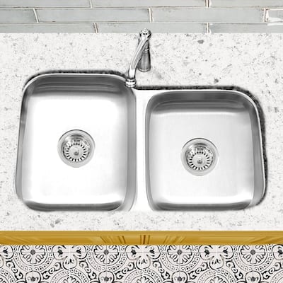 Stainless Steel Offset Double Bowl Kitchen Sink with Drains - Silver