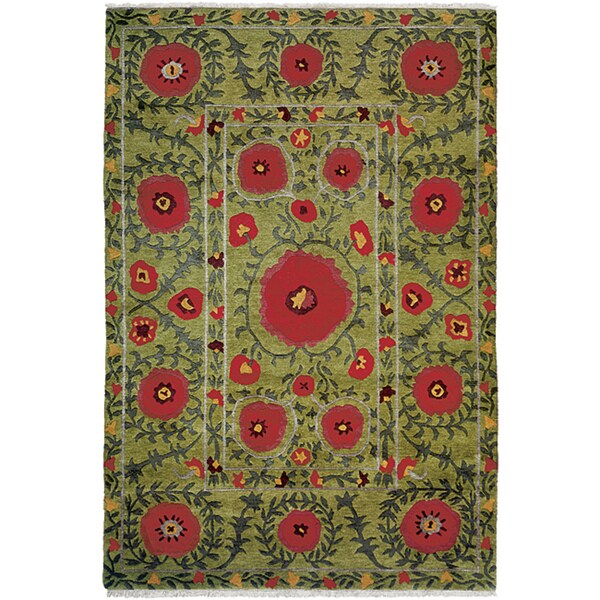 Nepalese Handknotted Green Poppies Wool Rug (3' x 5') Free Shipping