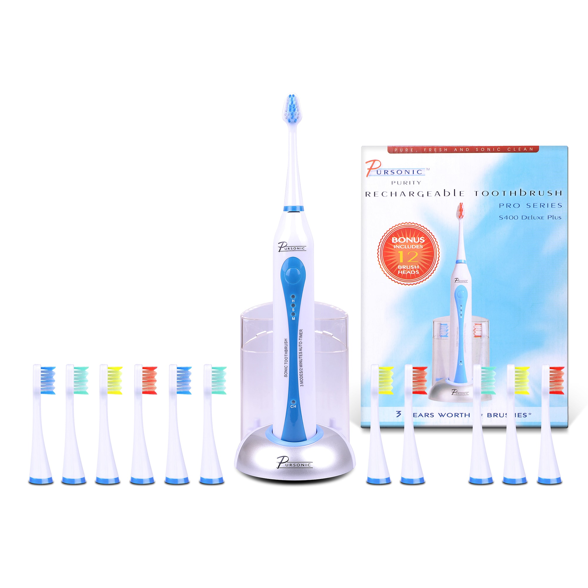 Pursonic S400 Deluxe Plus Sonic Electric Toothbrush With 12 Brush Heads